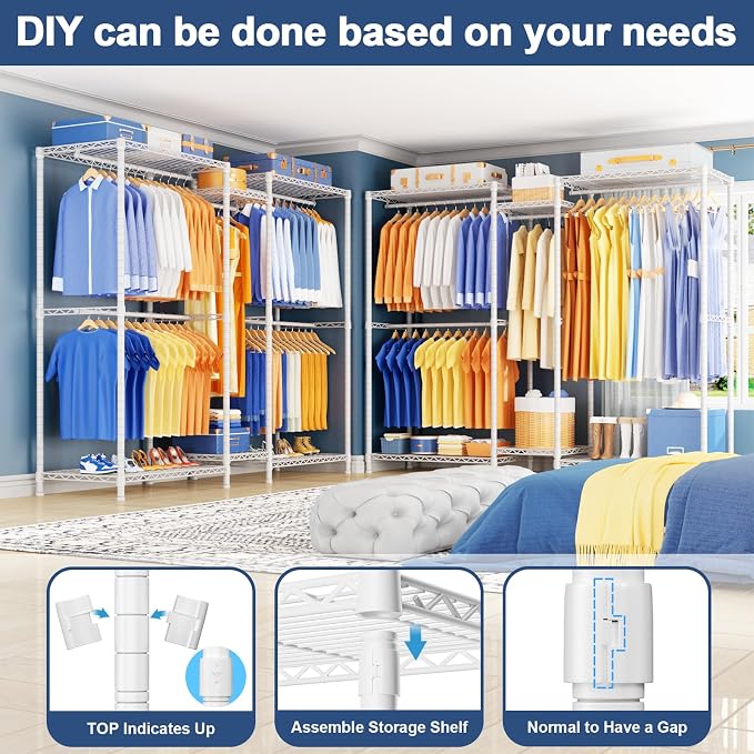 E12 Pro Clothes Rack，Heavy Duty Freestanding Garment Rack with Shelves，Metal Clothing Closet Storage System for Hanging Clothes，71" W x 16" D x 76.5" H, Hold 960 lbs，White