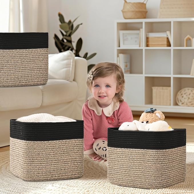 3 Pack Cube Storage Bin, 12”x12”x10” Cotton Rope Woven Baskets for Organizing Toys Clothes Towels, Square Gift Storage Baskets for Shelves, Nursery, Closet, Bathroom, Pantry (Black & Brown)