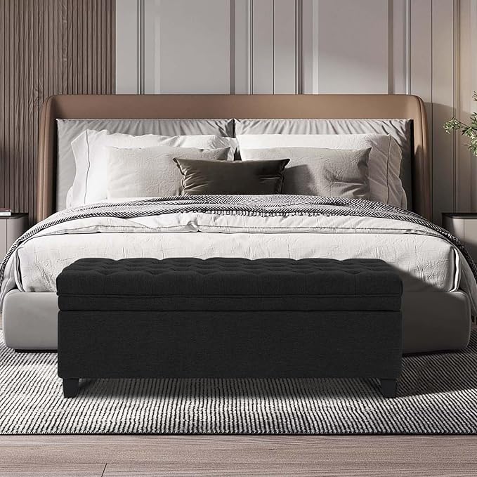 51" Storage Ottoman for Bedroom & Living Room, End of Bed Bench with Black Wooden Legs, Linen Upholstered Tufted Ottoman, Entryway Storage Bench, Black