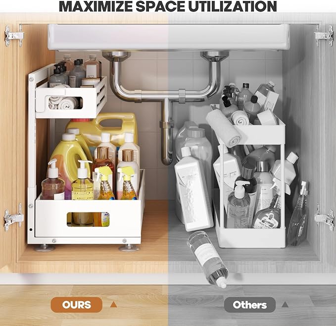 2 Pack Under Sink Organizer,Pull Out Cabinet Organizer With Smooth Cylindrical Rail,Metal Slide Out Drawer for Kitchen Bathroom Laundry Cabinet,8-Level Tool Free Height Adjustable-White