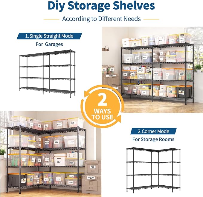 REIBII Metal Shelving, 70" W Space Saving&1240LBS Heavy Duty for Kitchen | Adjustable Metal Shelving, 4-Tier Freestanding, Powder Coated Moisture Resistant, Anti-Tipping Device, Leveling feet