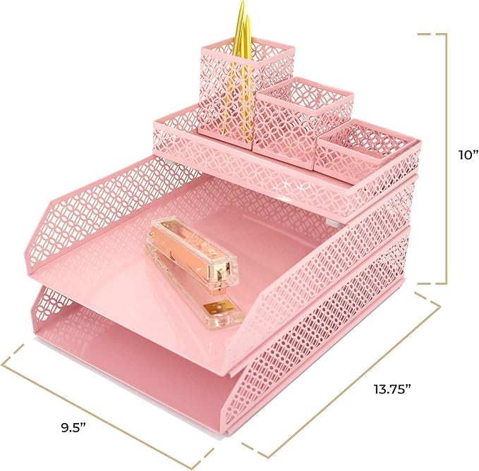 BLU MONACO | Pink Desk Organizer Set for Women 6 Piece | Mail Sorter Organizer Countertop with Letter Trays | Standing File Organizer with Mesh Pen Holders