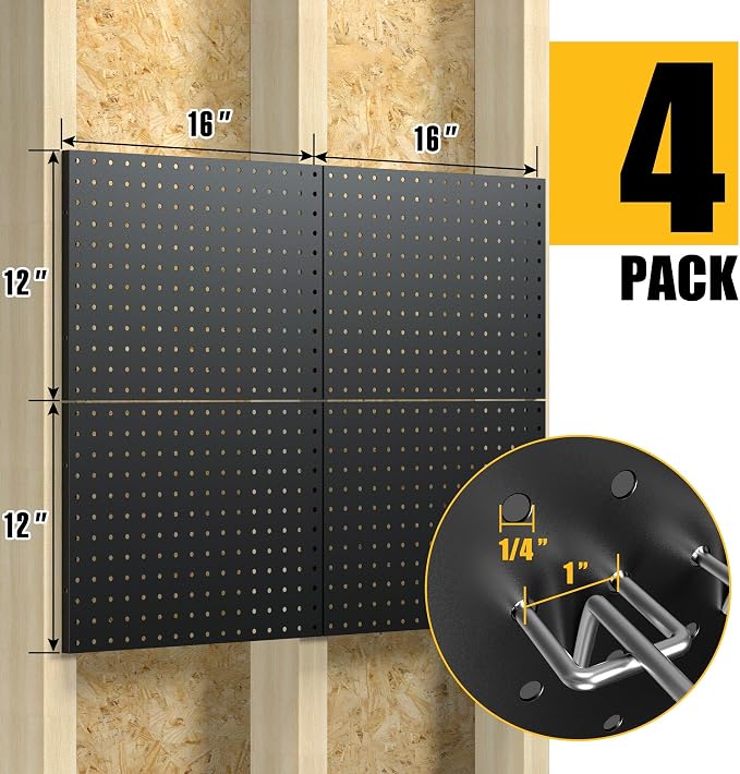 Spampur Peg Board, 4 Pack Metal Pegboard Panels with 50 Hooks, Black Pegboards Wall Organizer, Heavy Duty Peg Board for Walls Home, Garage Tool Storage, Office Organization, Craft Room, Kitchen