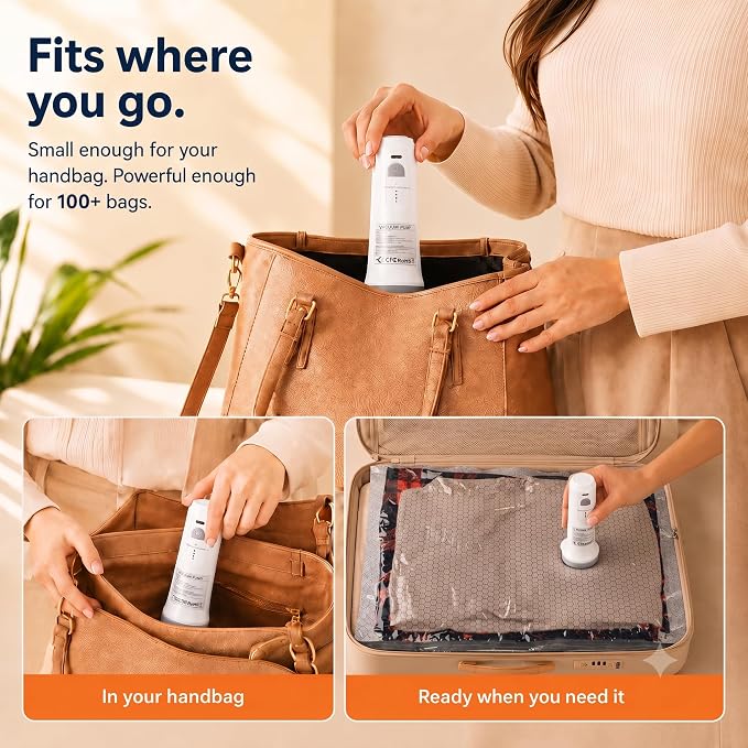 Vacuum Storage Bags for Travel with Rechargeable Pump, 9 Pack Space Saver | Travel Vacuum Bags 3 Sizes for Carry-On & Checked Bags Cordless USB-C Rechargeable Pump 75% Space Saver Leakproof Seal