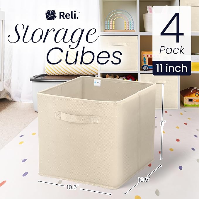 Reli. 11 Inch Cube Storage Bins (4 Pack) | Cube Organizer Bins | Collapsible, Foldable Fabric Cubby Box (Square) | 11x11 Fabric Storage Boxes | Kids Room Organization (Beige)