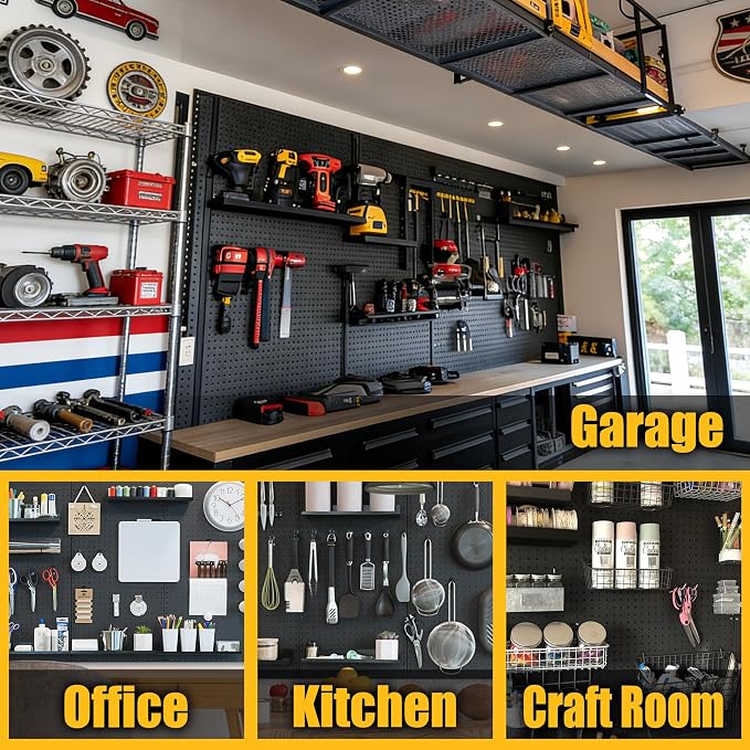 Spampur Peg Board, 6 Pack Metal Pegboard Panels with 50 Hooks | Black Pegboards Wall Organizer Heavy Duty Peg Board for Walls Home, Garage Tool Storage, Office Organization, Craft Room