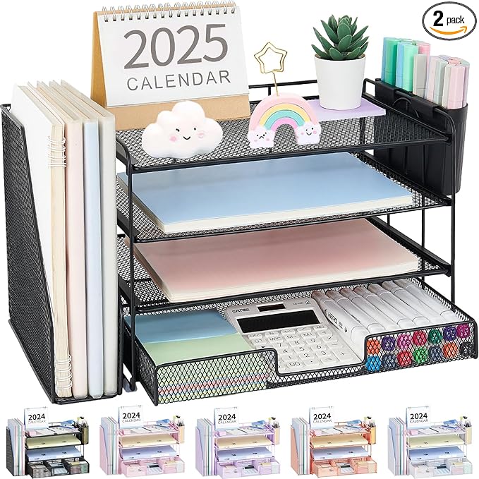 OPNICE Desk Organizer, 4-Tier Desktop File Organizer with Drawer and Pen Holders, Office Desk Accessories, File Sorters, Workspace Organizers for Office Supplies(Black 2-Pack)