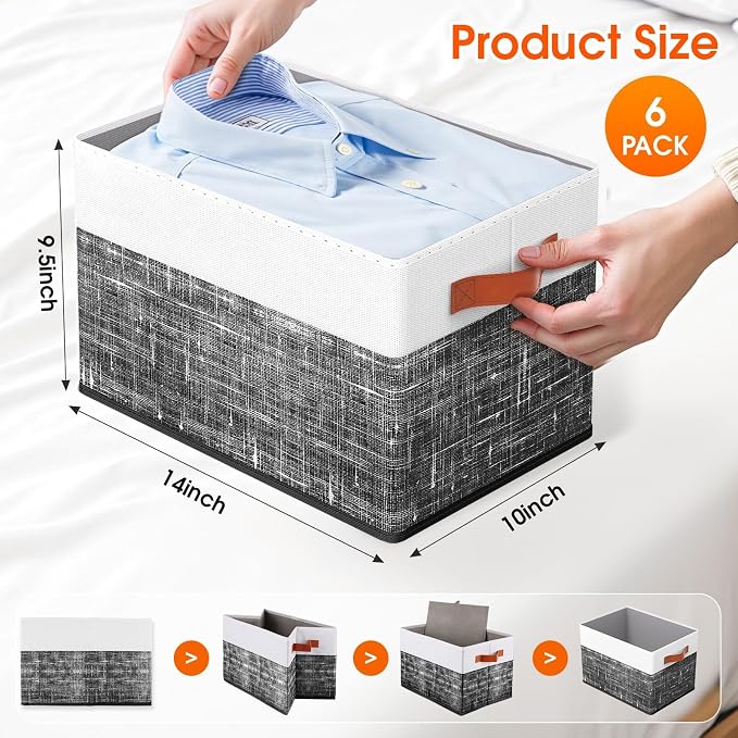 Fab totes Collapsible Storage Baskets for Shelves,14"x10", 6 Pack Foldable Fabric Storage Bins with Double Leather Handles, Large Baskets for Organizing Books, Clothes, White & Black