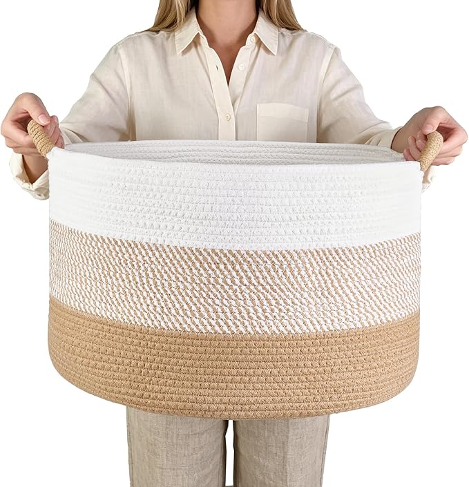 Mkono 47L Cotton Rope Basket, Boho Woven Storage, Blanket Toys Organizer | 17.7”W x 11.8”H, Decorative Bin with Handles, Home Decor, Versatile Storage Basket, Nursery Bedroom Living Room Laundry