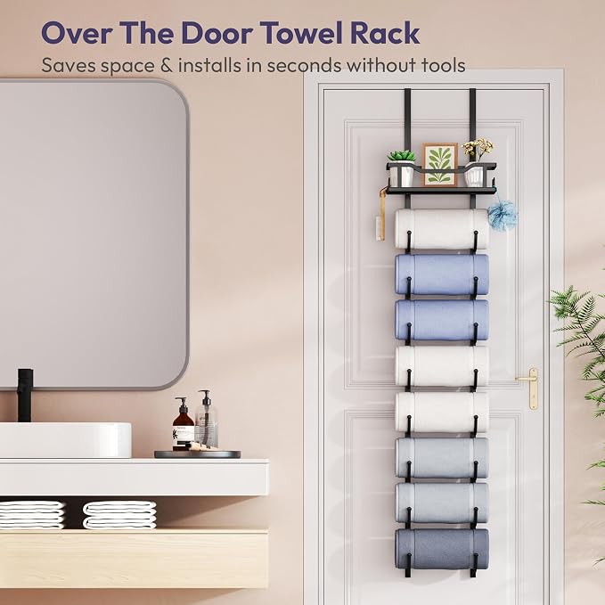 SWTYMIKI Over the Door Towel Rack - 9 Tier Towel Racks for Bathroom Wall Mounted, Towel Holder with Shelf, Hanging Rolled Towel Storage Organizer for Small Bathroom, Camper, RV, Black