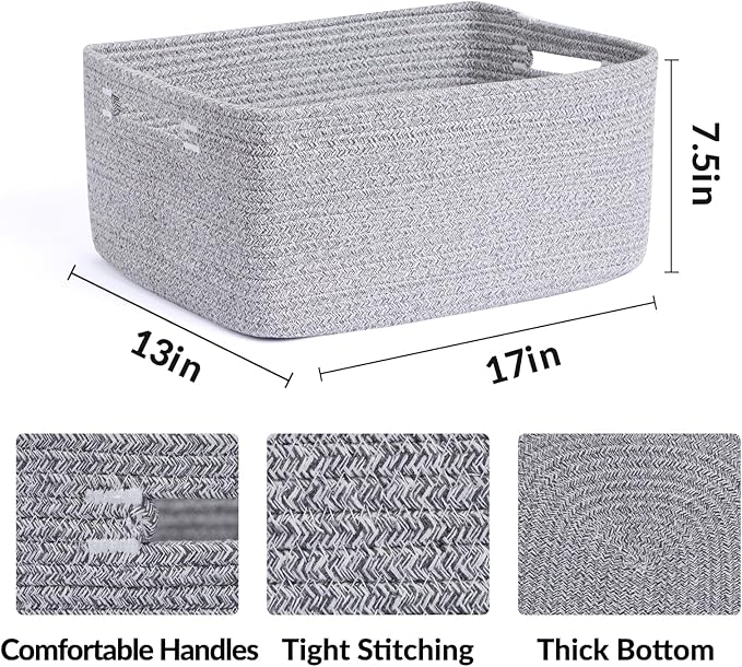 MiniArk Large Storage Baskets for Shelves, 17 x 13 x 7.5” Closet Organizers Bins for Clothes Blanket Towels, Baby Nursery, Toy Baskets Box, Woven Rope Baskets, 3 Packs Mixed Grey