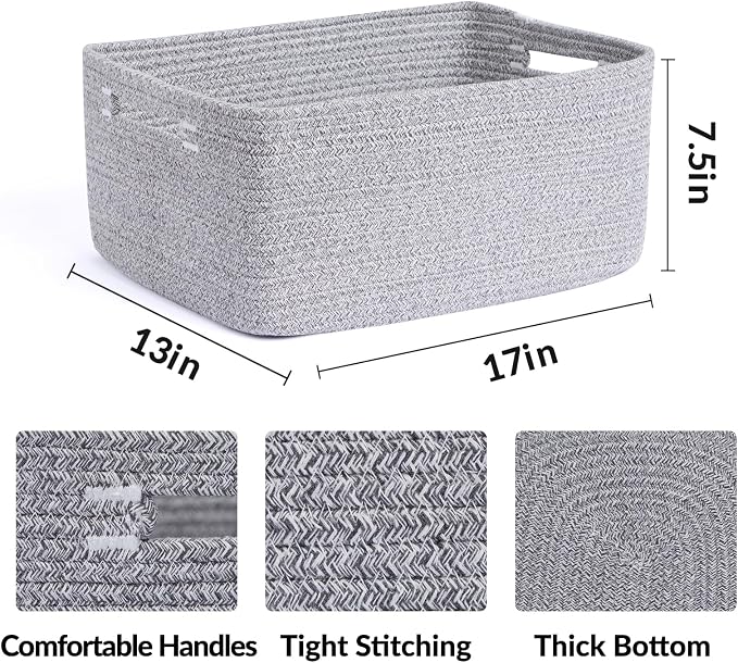 MiniArk Large Storage Baskets for Shelves, 17 x 13 x 7.5” Closet Organizers Bins for Clothes Blanket Towels, Baby Nursery, Toy Baskets Box, Woven Rope Baskets, 2 Packs Mixed Grey
