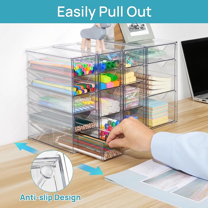 Vtopmart 4 Set Acrylic Desk Organizer with 16 Drawers for Office, Makeup | Clear Storage Drawers for Office Supplies, Desktop Organization for Makeup, Jewelry, Art Crafts, Bead, Pen, Stationary