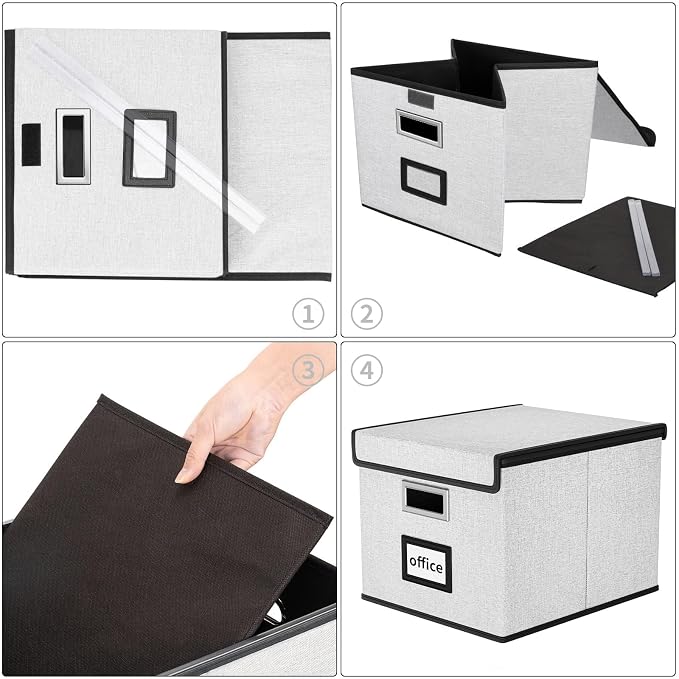 File Organizer Box with Lids, Collapsible File Folder Organizer | File Box with Plastic Slides for Office Document Storage, Filing Bin for Letter Size Hanging File Folders (1 Pack, White)