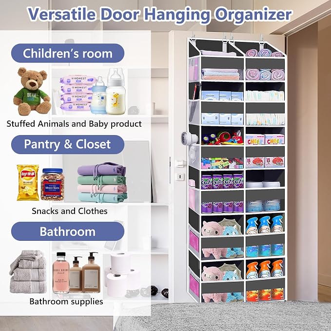 UVIAHOMI Heavy Duty Over The Door Organizer 6 Tiers, Extra Large Behind Door Storage of 12 Big Front & 12 Mesh Pockets, 80lb Weight Capacity, Hanging Doors Storage for Closet Bedroom Nursery, Gray