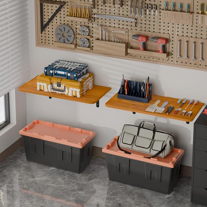 Dogsky 2-Pack Garage Storage Shelving Wall Mounted, 3x2Ft (36x24In) Heavy Duty Wood Floating Wall Shelf, 300lbs Capacity Shelves for Garage, Closets, Utility Rooms and Kitchens, Teak