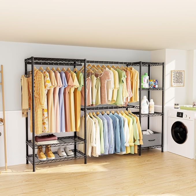 Golpart Heavy Duty Clothing Rack with Adjustable Shelves Clothes Wardrobe | Coat Rack Metal Closet Organizer and Storage Garment Rack for Hanging Clothes Wire Portable Cloth System Free Standing Black