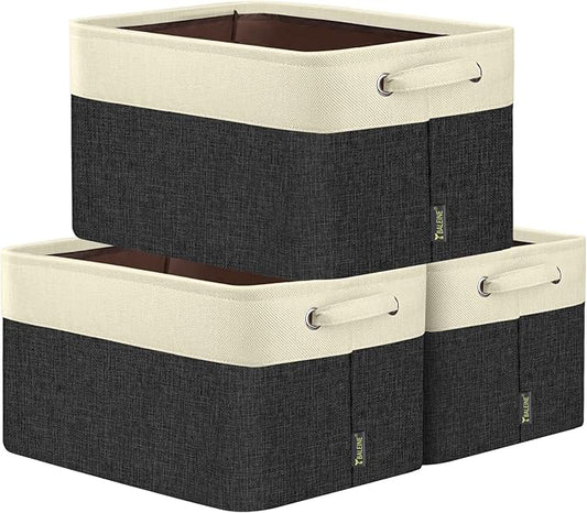 BALEINE 3 Pack Fabric Closet Storage Bins for Shelves, Linen Closet Organizers and Storage, Decorative Baskets for Organizing, Shelf, Clothes, Home, Office (Black, 15"x11"x9.5")