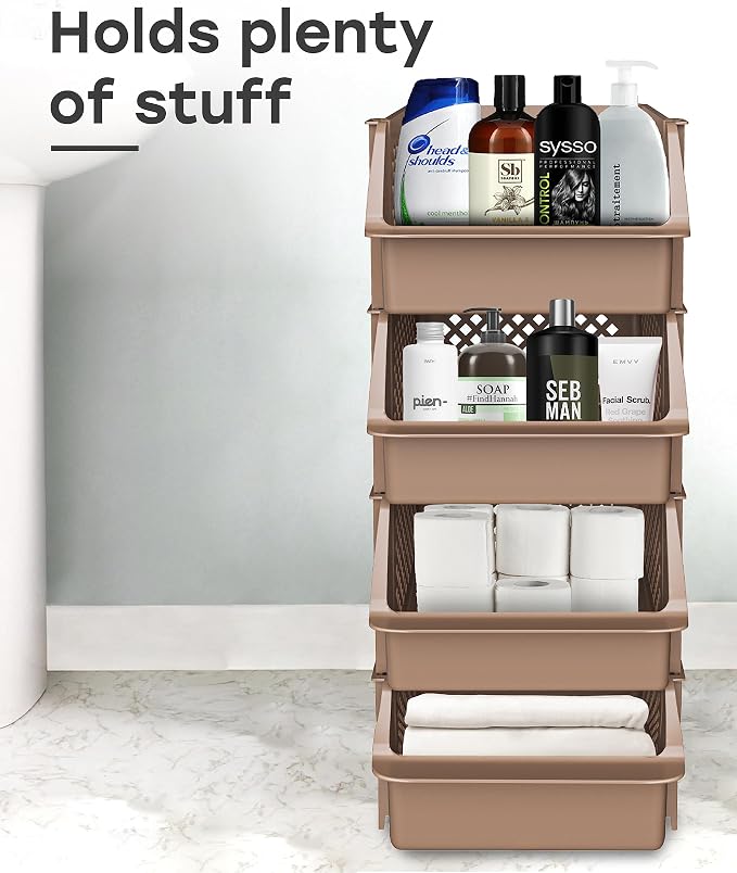 TidyFriend Plastic Stackable Storage Bins for Pantry, 4 Pack Stackable Bins For Organizing Food, Kitchen, and Bathroom Essentials (Brown) | Sturdy Plastic, Easy Stacking, Open Front Access, Ventilated Sides, Vertical & Space Saving Pantry Organizers an...