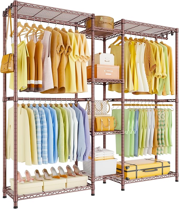 Ulif E4 Clothes Rack, Heavy-Duty Garment Rack Can Be L-Shaped Closet System | Bronze Metal Freestanding Clothing Organizer Storage System with Shelves and Hangers, Load 962lbs, 71.6"W x 14.5"D x 79.3"H
