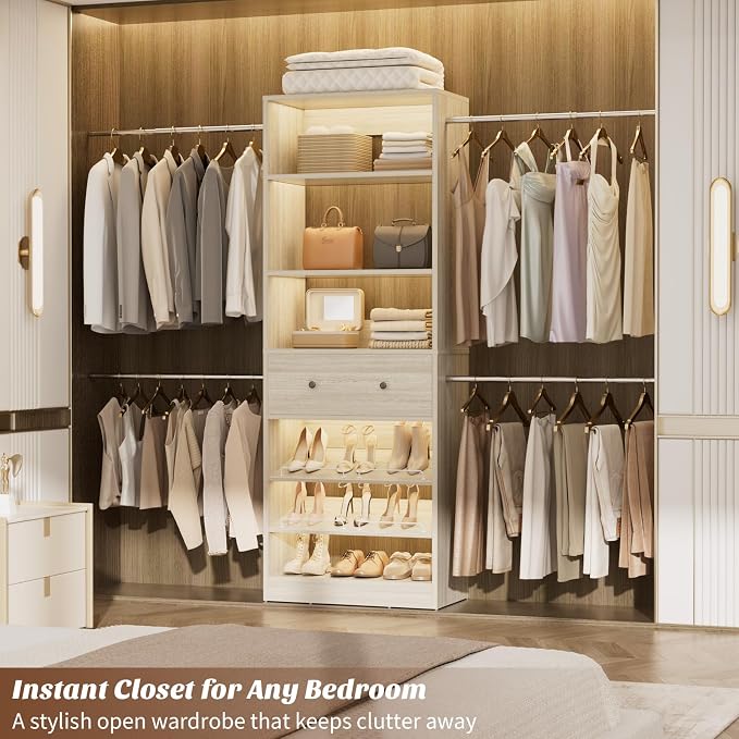 Wood Closet Organizer System - 4FT-9FT Expandable Wardrobe Closet with Drawer & 4 Hanging Rods, Heavy Duty Walk-in Closet 1000Lbs for Bedroom Walk-in Closet, White Oak