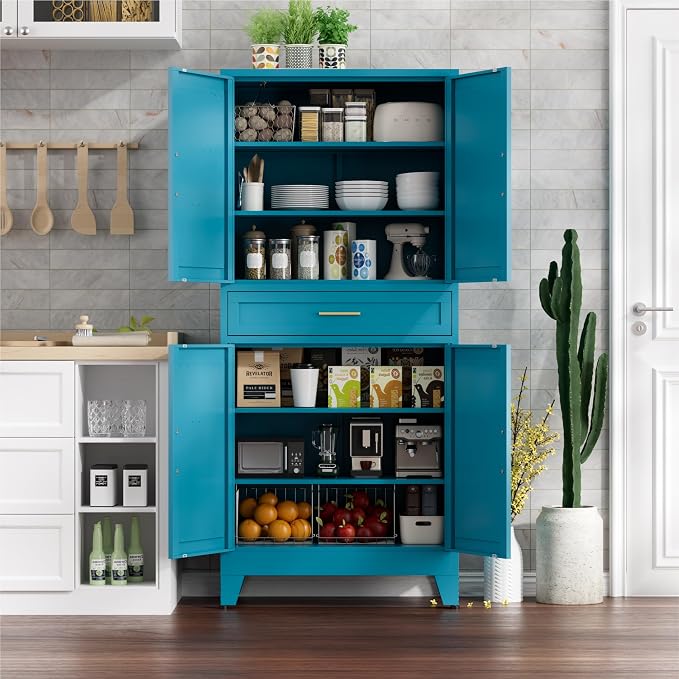 71" Tall Farmhouse Pantry Cabinet,Metal Cabinet with Adjustable Shelves and Doors,Storage Cabinet for Kitchen Garage,Blue 1 Pack