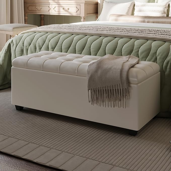 38" White Faux Leather Storage Ottoman Footrest Bench | Solid wood frame bench, 4-leg easy assembly. Use as end-of-bed, footrest, entryway seat. Hinged hidden storage, multi-use.
