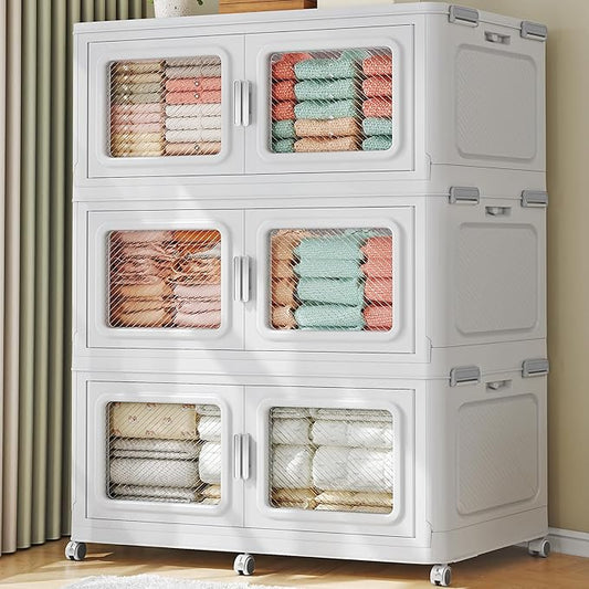 BROVIEW 660 Qt Extra Large Stackable Storage Bin with Lid, 3 Pack White | 165Gal Extra Large, Collapsible Storage Boxes with 3 Lids, Folding& Rolling Plastic Drawer, Heavy-Duty Cabinet Organization
