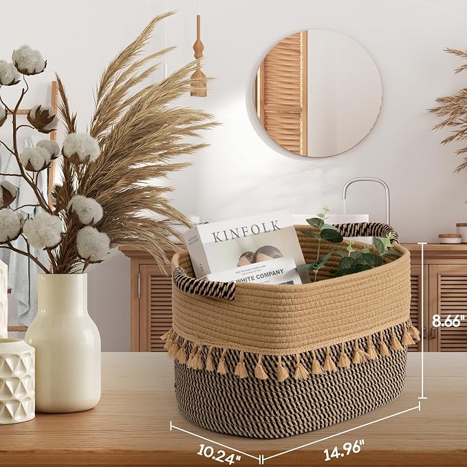 TeoKJ Set of 2 Baskets for Organizing, Decorative Rope Baskets for Storage, Storage for Pets, books, Pillows, Toys & Cloths, Black & Jute