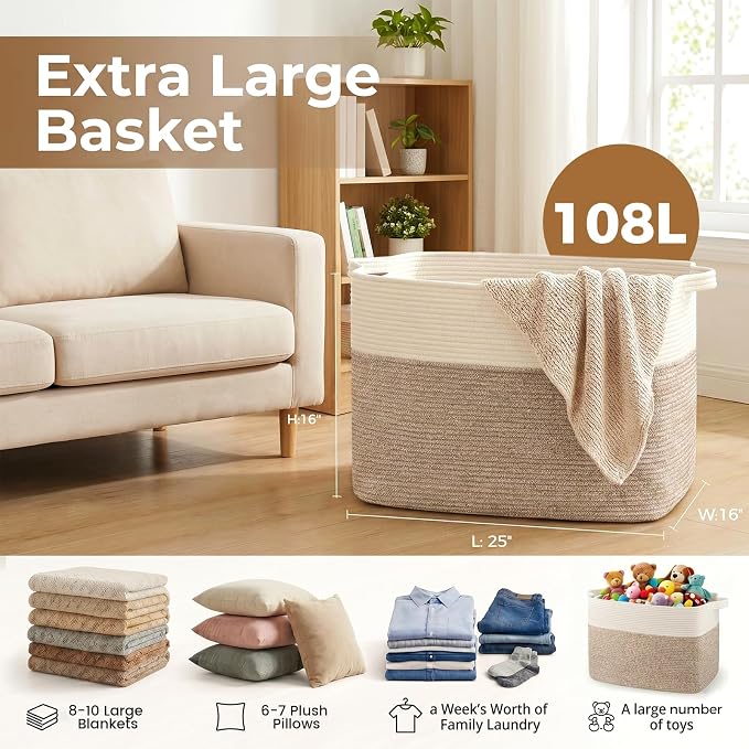 OIASKET 108L Cotton Rope Storage Basket for Living Room and Bedroom 25"x16"x16" Woven Laundry Basket, Heavy Duty Bin for Blankets, Pillows & Toys, Pet-Safe & Scratch-Free, Brown and White