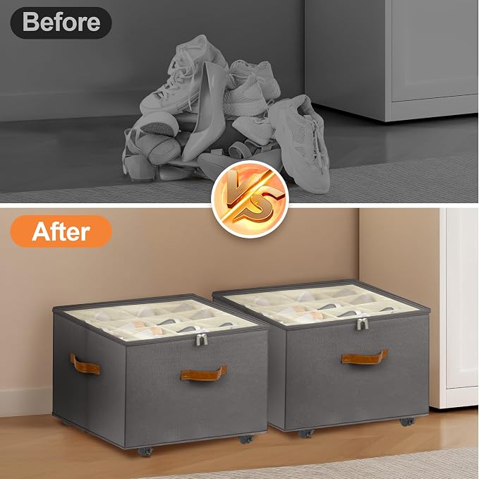 Foyego Shoe Organizer for Closet, Shoe Storage with Wheels, Gray | Fits 16 Pairs, with Adjustable Dividers and Clear Cover, Saving Space Foldable Fabric Closet Shoe Storage Organizer Box Bins