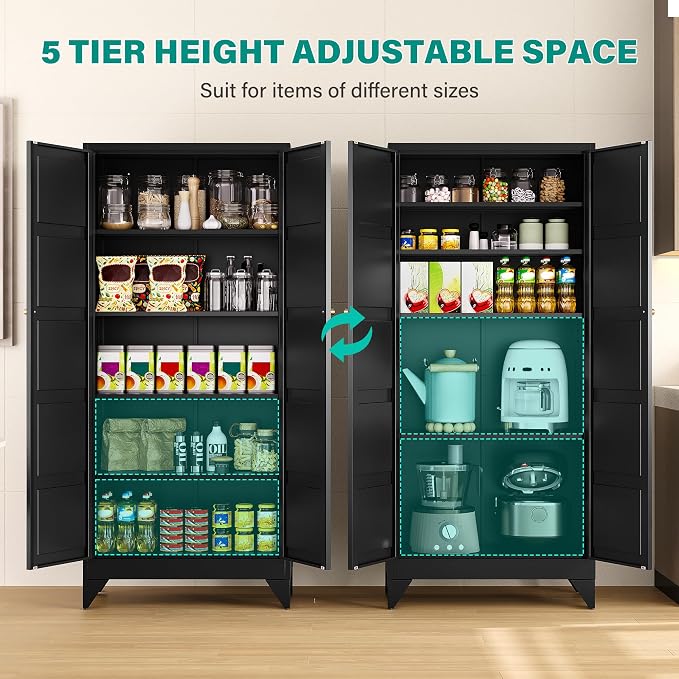 SISESOL Pantry Storages Cabinet with 2 Doors and 5 Shelves,Tall Storage Cabinet,Large Cupboard Closet,Metal Storage Cabinet for Home,Bathroom,Dining/Living Room (Black, 71" H)