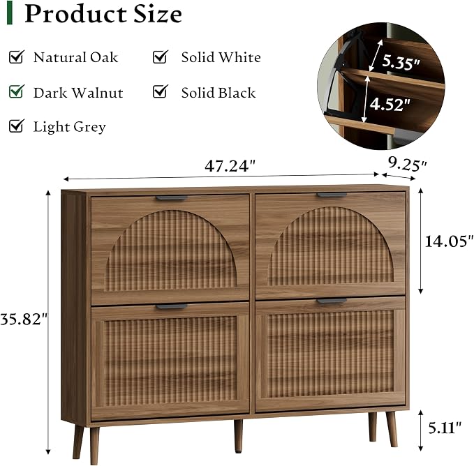 Xixini Shoe Storage Cabinet with 4 Flip Drawers, 36" Tall Narrow Wood Fluted Shoe Organizer for Entryway, Freestanding Wooden Hidden Slim Shoe Rack for Front Door Entrance, Hallway, Foyer, Dark Walnut