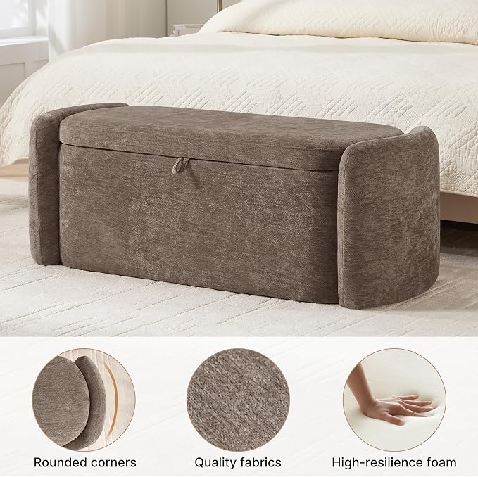 Oval Ottoman Bench with 20 Gal of Storage Space Upholstered Chenille Seat End of Bed Storage Bench Storage Ottoman with Storage for Bedroom, Living Room, Entryway, Window(Light Brown)