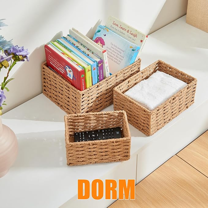 Small Wicker Basket for Organizing, Woven Storage Basket Sets of 3 | Handwoven Natural Paper Rope Baskets to Declutter Any Room, Perfect for Organizing and Home Decor