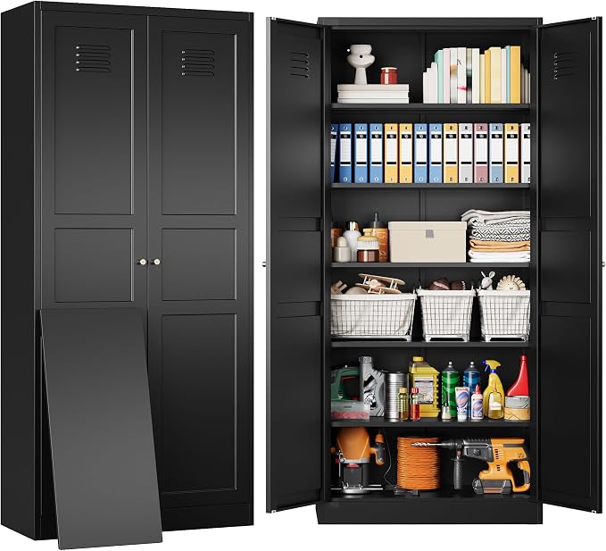 SISESOL Black Storage Cabinet,71" Tall Pantry Cabinet,Kitchen Pantry Storage Cabinets with 2 Doors and 5 Shelves,Wide Deep Metal Food Cupboard for Home,Kitchen,Dining/Living Room