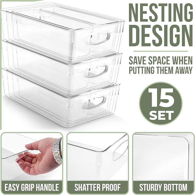 Sorbus Variety 15-Pack Clear Plastic Organizing Bins – Clear Bins for Organizing, Refrigerator Organizers, Fridge Organizer, Pantry Storage, Kitchen Organizer, and Pantry Organizers and Storage Bins
