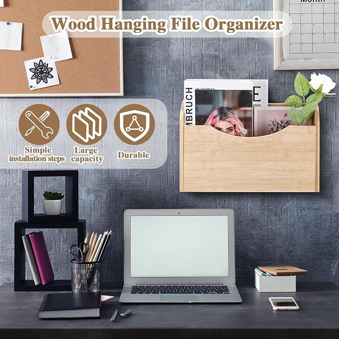 Suzile Wall Mounted File Holder Wood Magazine Holder Wall Hanging File Organizer for Office Mail Magazine Letter Paper Folder Organization (Wood Color)