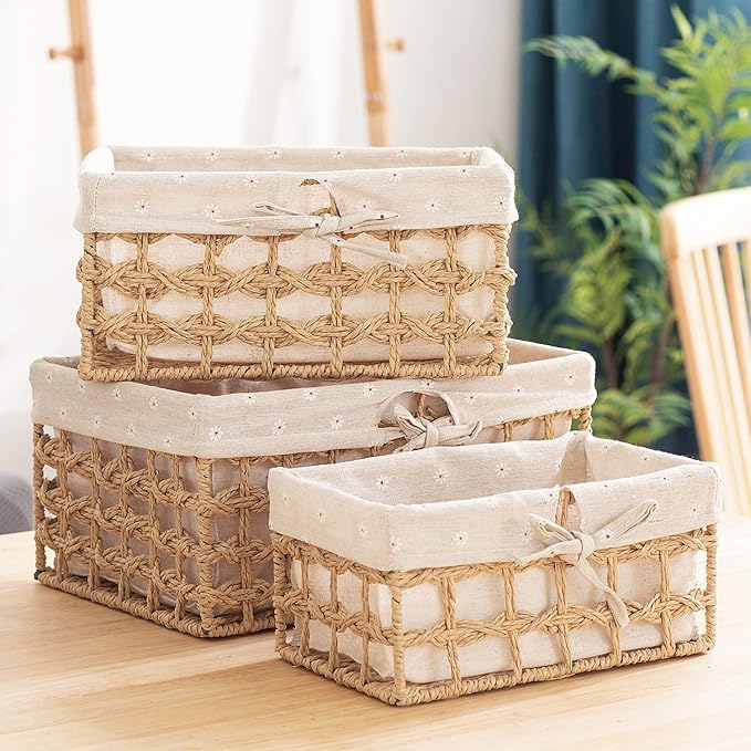 GIB Small Wicker Woven Storage Baskets for Organizng with Liners, Set of 3 | Braided Paper Rope, Decorative Cute Baskets for Gifts, Storage Bins for Shelves, Pantry, Bathroom Organizers, Bedroom Decor