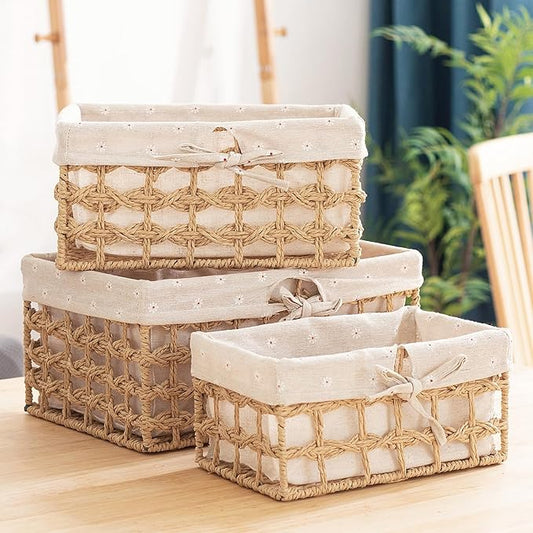 GIB Small Wicker Woven Storage Baskets for Organizng with Liners, Set of 3 | Braided Paper Rope, Decorative Cute Baskets for Gifts, Storage Bins for Shelves, Pantry, Bathroom Organizers, Bedroom Decor