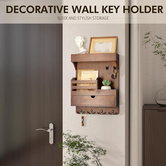 Rebee Vision Key Holder Wall Mount with Drawer Organizer for Entryway,Brown | Pine Wood, 6 Key Hooks, Display Shelf for Plants, Mail Slot for Storage Letter, Multi-Funtional Design, Home Storage