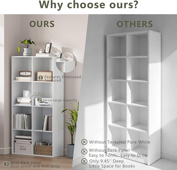 VDNEND Wooden Storage Organizer with Closed Back Panel, 11in Cube Shelf Opening, Bookshelf, Display Shelf,Closet Cabinet for Home and Office Embossed White, 8-Cube (47.8L*9.45W*24.09H)