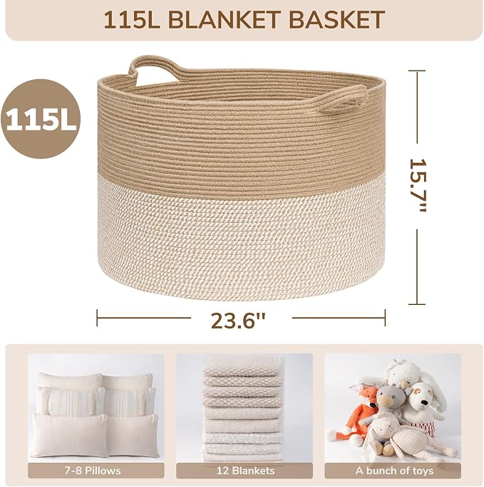 INDRESSME 115L Extra Large Woven Wicker Blanket Basket Living Room | Wicker baskets for organizing laundry, towel toys pillows. For living room bedroom or nursery decor. soft-touch with handles