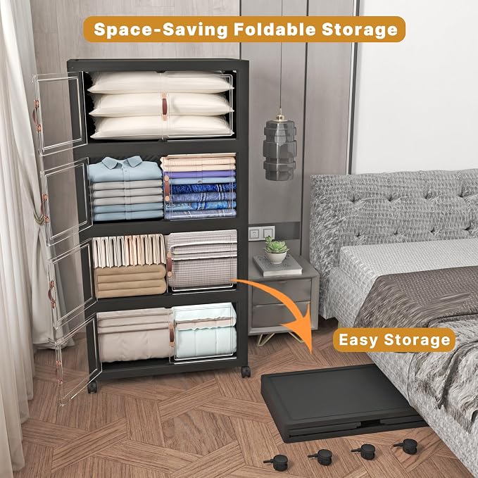 UAMFURI Stackable Storage Bins, 1440QT Collapsible Drawers with 2 Lids | Large Capacity, Magnetic Door, Stack Lock, Rolling Wheels, Foldable Design, Organizers and Storage for Bedroom Dorm Garage
