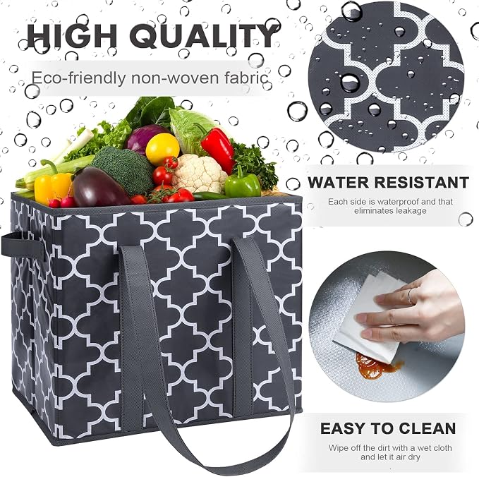 WISELIFE Reusable Grocery Bags 4-Pack Foldable Washable Large Storage Bins Basket Water Resistant Shopping Tote Bag Dark Grey