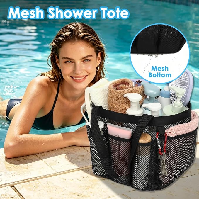 Fammart Mesh Shower Caddy Portable for College Dorm Room Essentials, Odorless Polyester Large Shower Tote Bag with Dual Handles, 8-Pocket Quick-Dry Toiletry Organizer for Travel, Beach, Camping, Gym