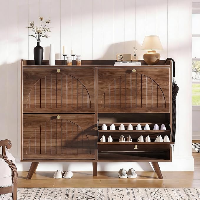 Decofy 47.2” Shoe Cabinet with 4 flip-Down Drawers, Three Adjustable Levels, freestanding Wooden Shoe Rack, Suitable for entryway, Hallway, and Living Room (Walnut) | 47.2''W; 4 Flip-Down Shoe Storage Drawers; 3 Adjustable Shelves; Narrow Entryway Desi...