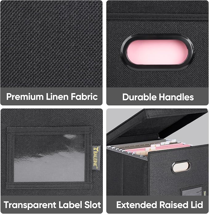BALEINE File Organizer Box with Lid, Collapsible File Folder Organizer with Plastic Slide, Hanging File Folder Box for Office Document Storage (Tab Friendly, 2 Pack, Black)