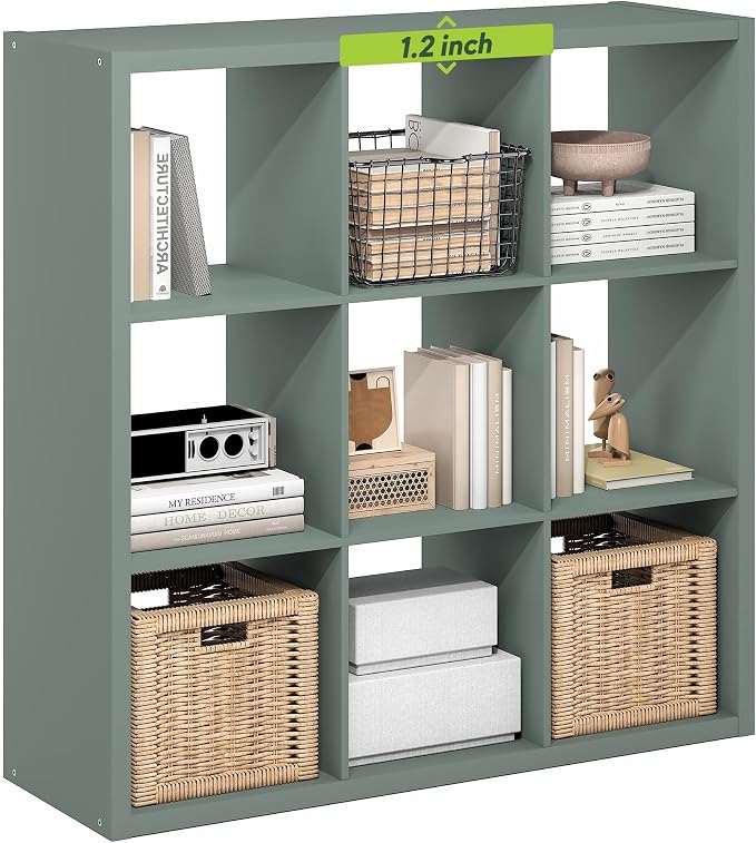 Furinno Cubicle 9-Cube Book Shelf, Extra Thick Frame Bookshelf, Sage Green | 14.6" x 44" x 44", Reversible Bookcase with Open Back, for Living Room, Bedroom, Home Office