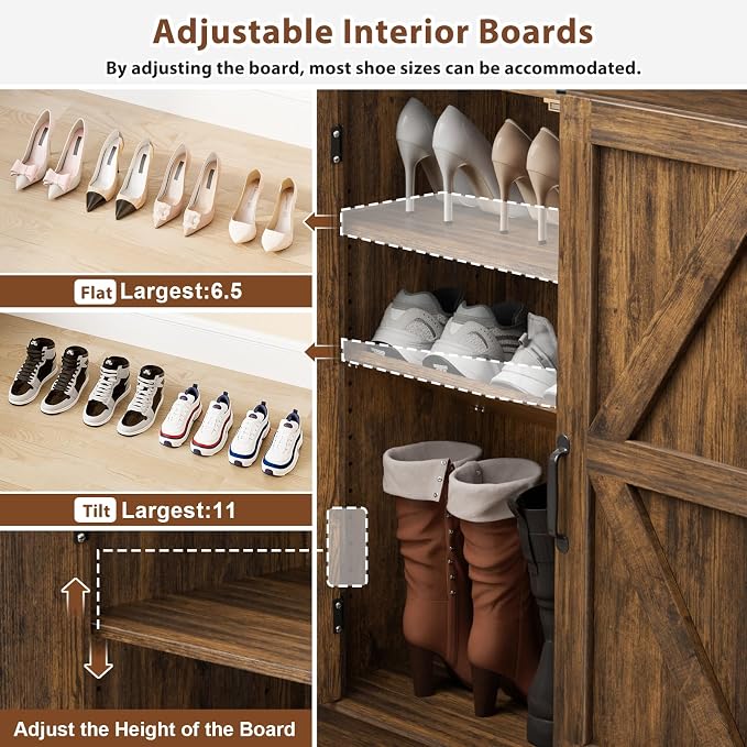 ALLSTAND 6-Tier Shoe Cabinet with Doors, Entryway Shoe Rack Wooden Shoe Storage Cabinet with Adjustable Shelves & Anti-tip Fitting, Farmhouse Shoe Cabinet Storage for Entryway, Living Room, Closet